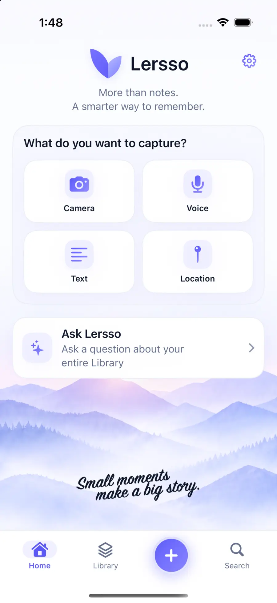 Lersso app home screen showing Camera, Voice, Text, Location, and Ask Lersso