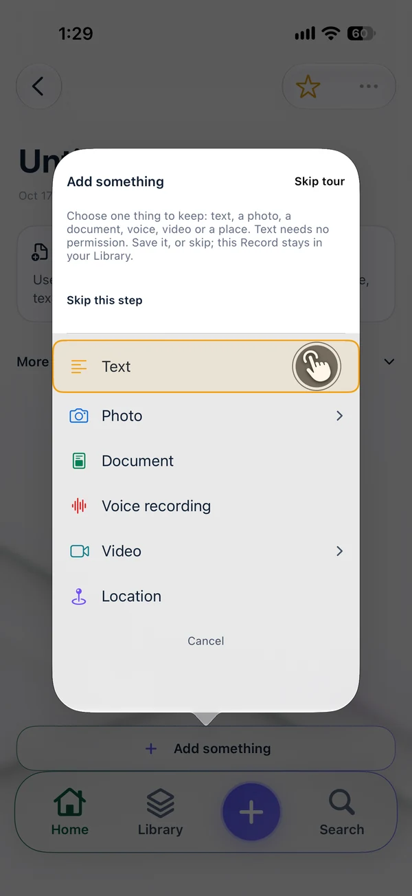 Actual Learn by Doing screen: Add something offers Text, Photo, Document, Voice recording, Video and Location.